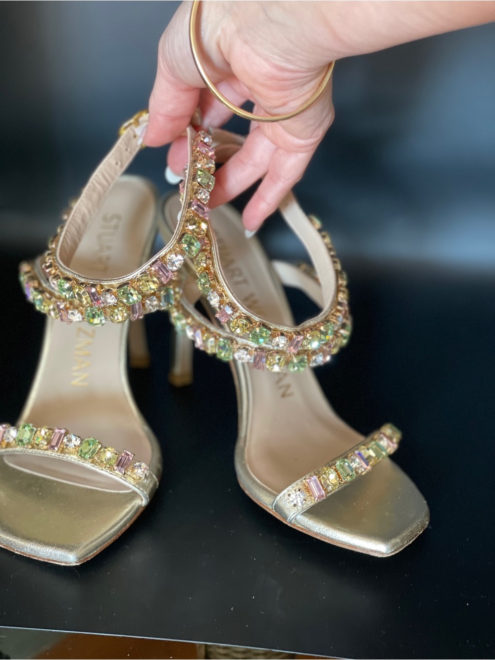 Stuart Weitzman Jaide 100 Gem Encrusted Metallic Sandal Gold Size 5 - Picture 5 of 7